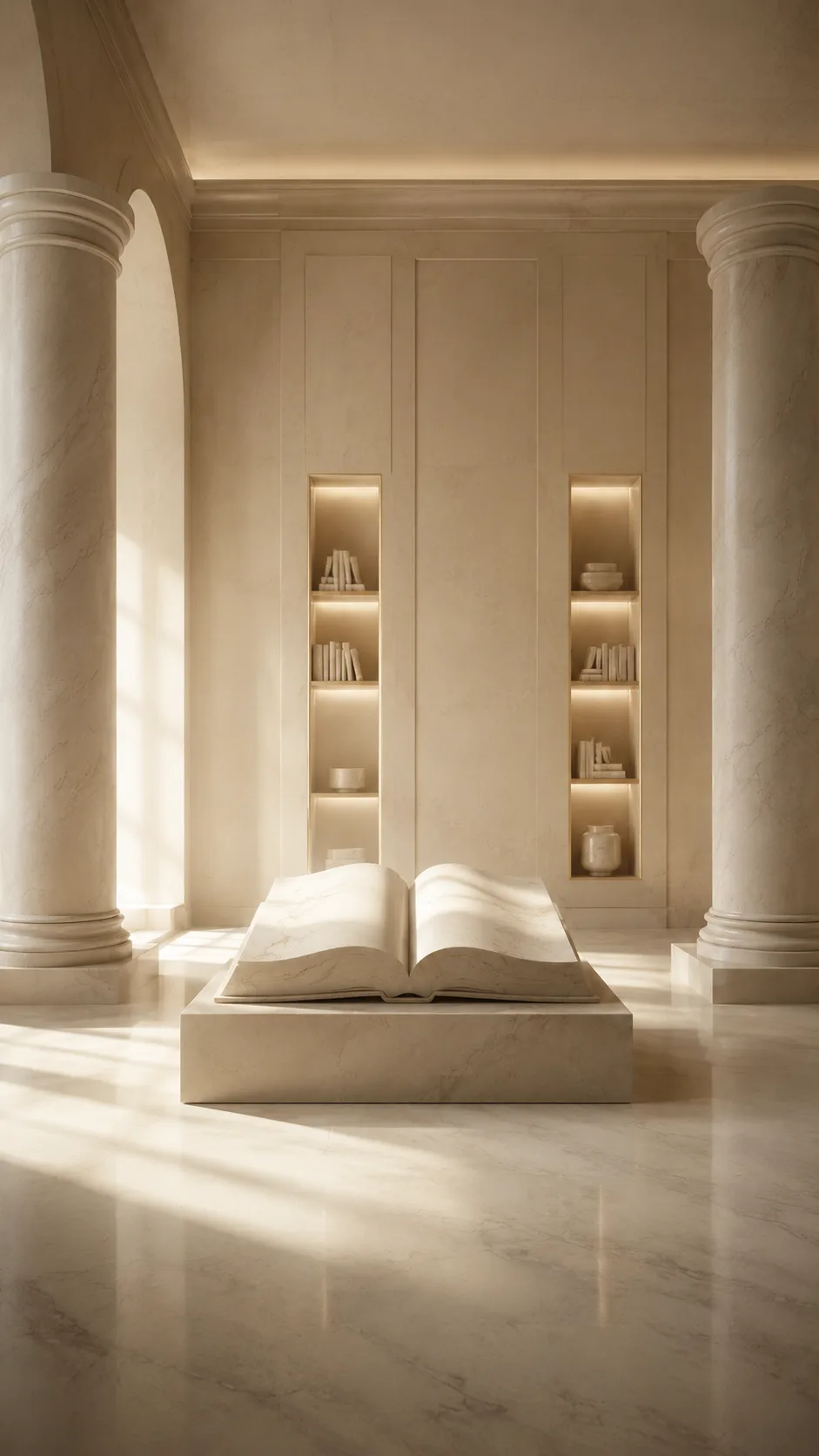 An open book in a calm, sunlit stone reading room
