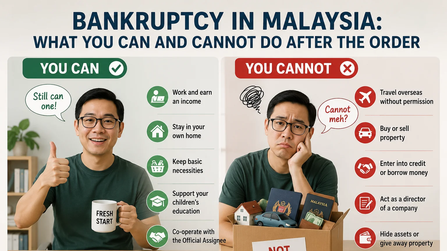 A side-by-side infographic titled Bankruptcy in Malaysia: What You Can and Cannot Do After the Order, showing a man giving a thumbs up under a You Can list (work and earn an income, stay in your own home, keep basic necessities, support your children's education, co-operate with the Official Assignee) beside the same man looking worried under a You Cannot list (travel overseas without permission, buy or sell property, enter into credit or borrow money, act as a director of a company, hide assets or give away property)
