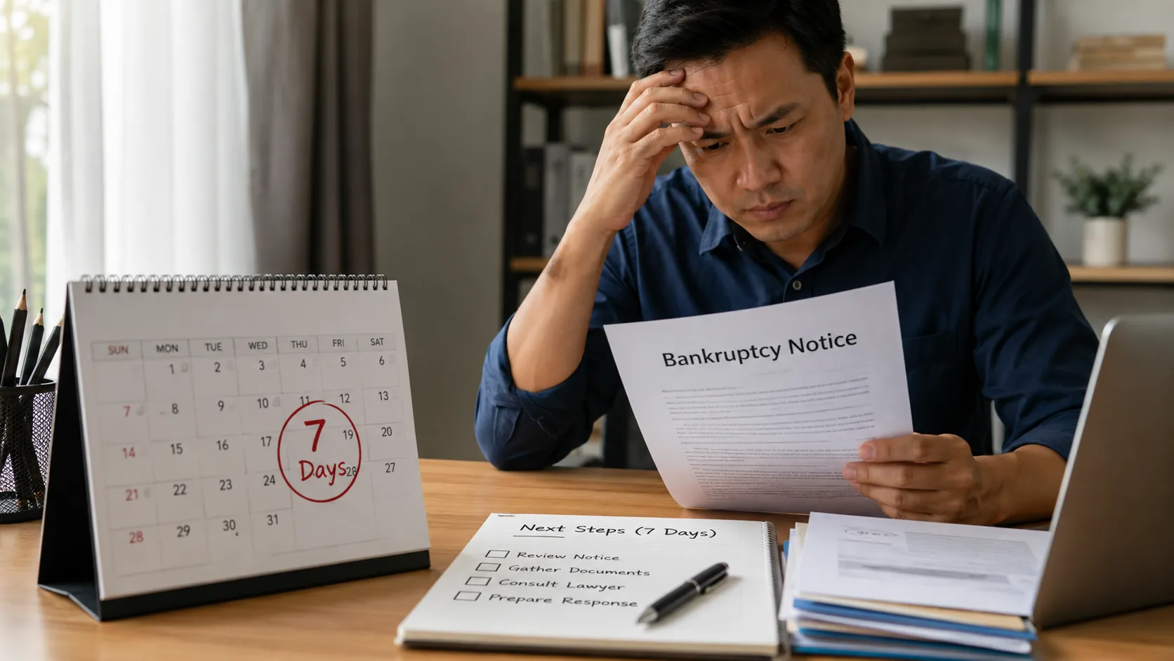 A worried man at his office desk holding a Bankruptcy Notice beside a calendar circled with a 7 days deadline and a checklist headed Next Steps (7 Days) covering review notice, gather documents, consult lawyer, and prepare response