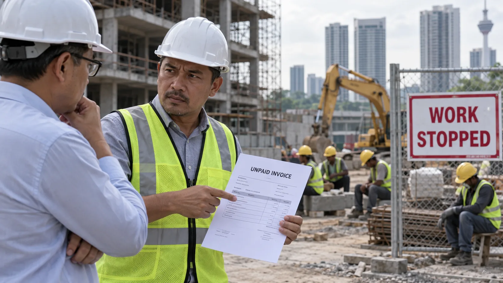 A construction supervisor in a hard hat and hi-vis vest holding an Unpaid Invoice and pointing it out to a colleague at a Kuala Lumpur building site, with idle workers seated near a chain-link fence bearing a red Work Stopped sign and the city skyline behind