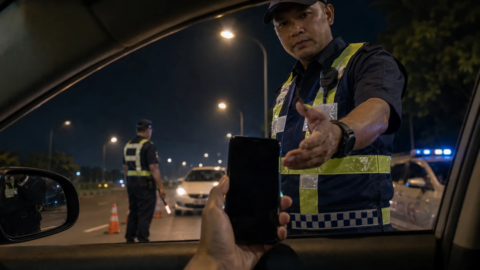 A traffic police officer in a reflective vest reaches toward a car window at a night roadblock as the driver holds up a smartphone from inside the vehicle