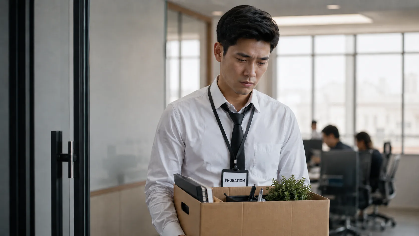A downcast employee wearing a probation lanyard carries a box of personal belongings as he leaves an office past colleagues at their desks