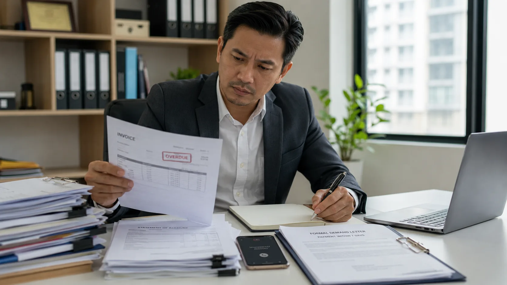A businessman at a desk reviewing an overdue invoice while holding a pen over a notepad, with stacks of files, a phone, and a laptop