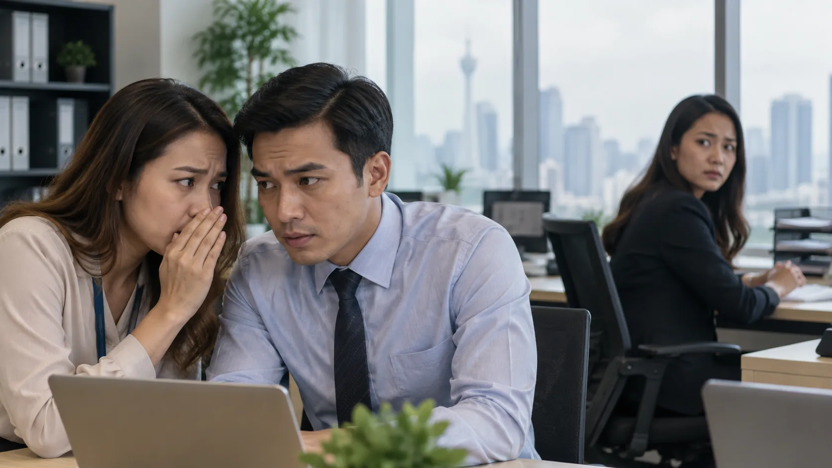 A colleague whispering to a coworker while both look at a laptop screen, as a third colleague in the background glances back suspiciously in an open-plan Kuala Lumpur office