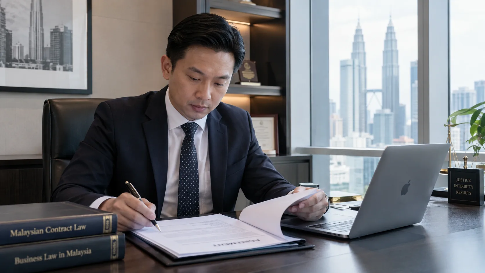 A lawyer in a Kuala Lumpur office signing and reviewing an agreement beside a laptop, with copies of Malaysian Contract Law and Business Law in Malaysia stacked on the desk and a small Justice, Integrity, Results plaque