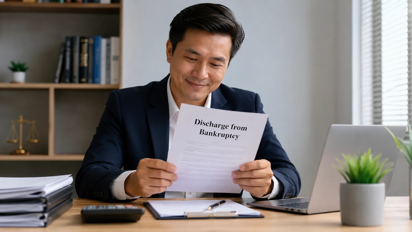 A relieved man in a suit at his office desk smiling while reading a document titled Discharge from Bankruptcy, with a laptop, calculator, and scales of justice figurine nearby