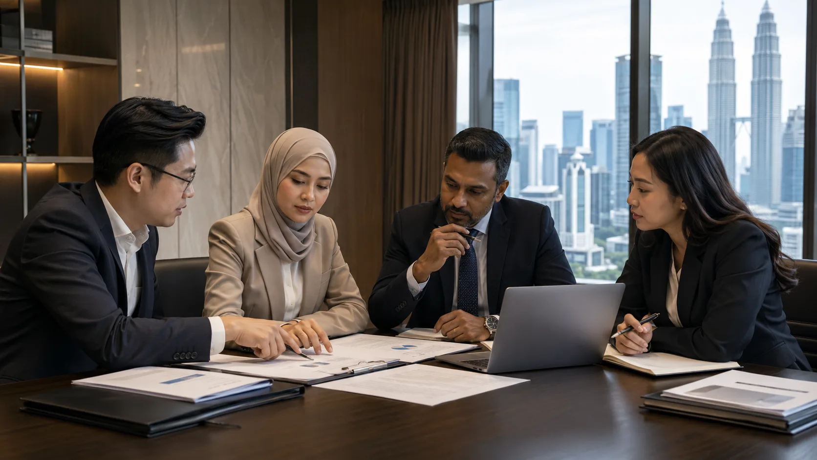 Business professionals reviewing contract documents and a laptop around a boardroom table, with the Kuala Lumpur skyline through the window