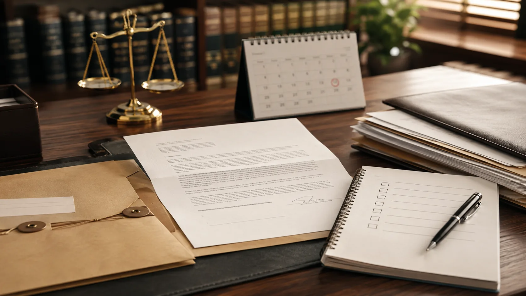 A signed letter on a desk beside a brass scales of justice, a calendar with a circled date, and a checklist notebook with a pen