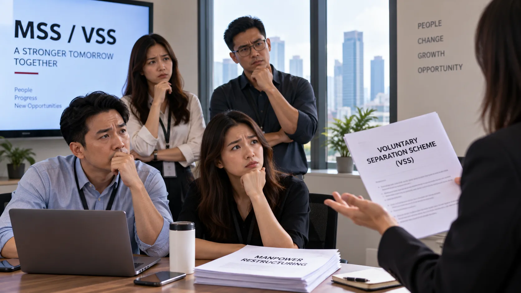 A group of visibly uneasy employees in a meeting room as an HR representative holds up a Voluntary Separation Scheme (VSS) document, with a Manpower Restructuring paper stack on the table and an MSS/VSS presentation slide behind them