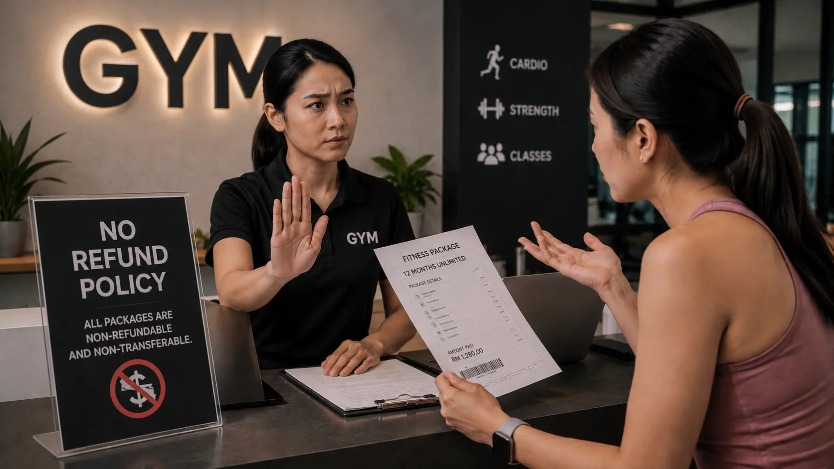 A gym staff member raises her hand to refuse a refund beside a No Refund Policy sign while a member holds up her fitness package invoice in protest