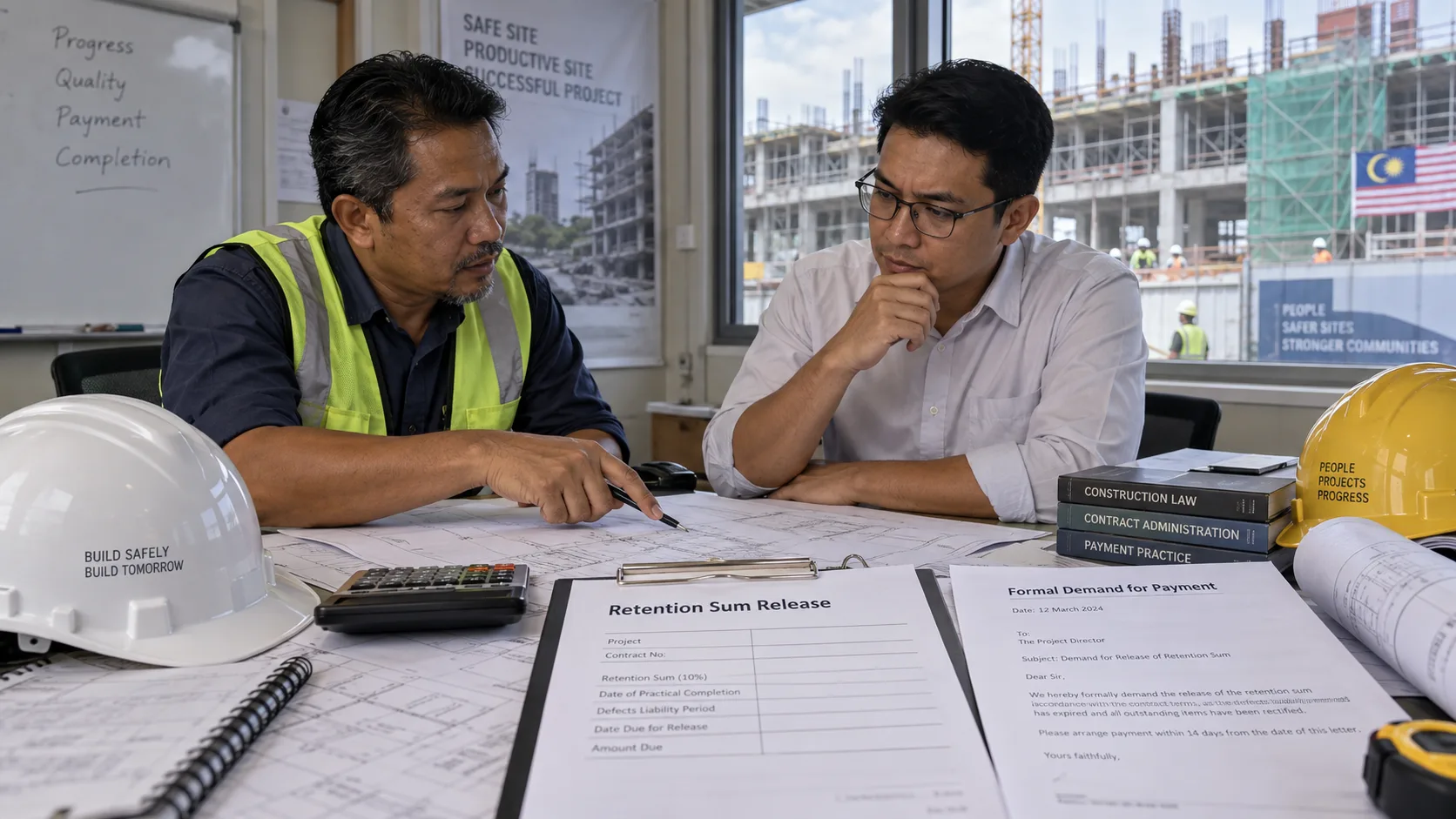 Two construction professionals reviewing drawings beside a Retention Sum Release form listing practical completion, defects liability period and amount due, and a Formal Demand for Payment letter, with hard hats, a calculator and law books on payment practice, and a Kuala Lumpur building site through the window