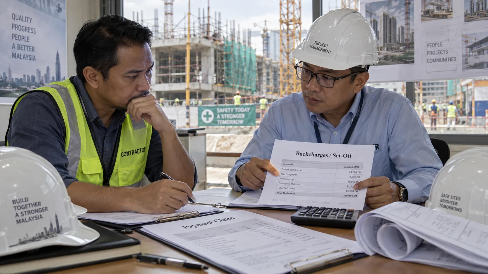 Two construction professionals at a meeting table reviewing a document headed Backcharges / Set-Off with an itemised deduction table, beside a Payment Claim document, rolled drawings and hard hats, with a Kuala Lumpur building site visible through the window