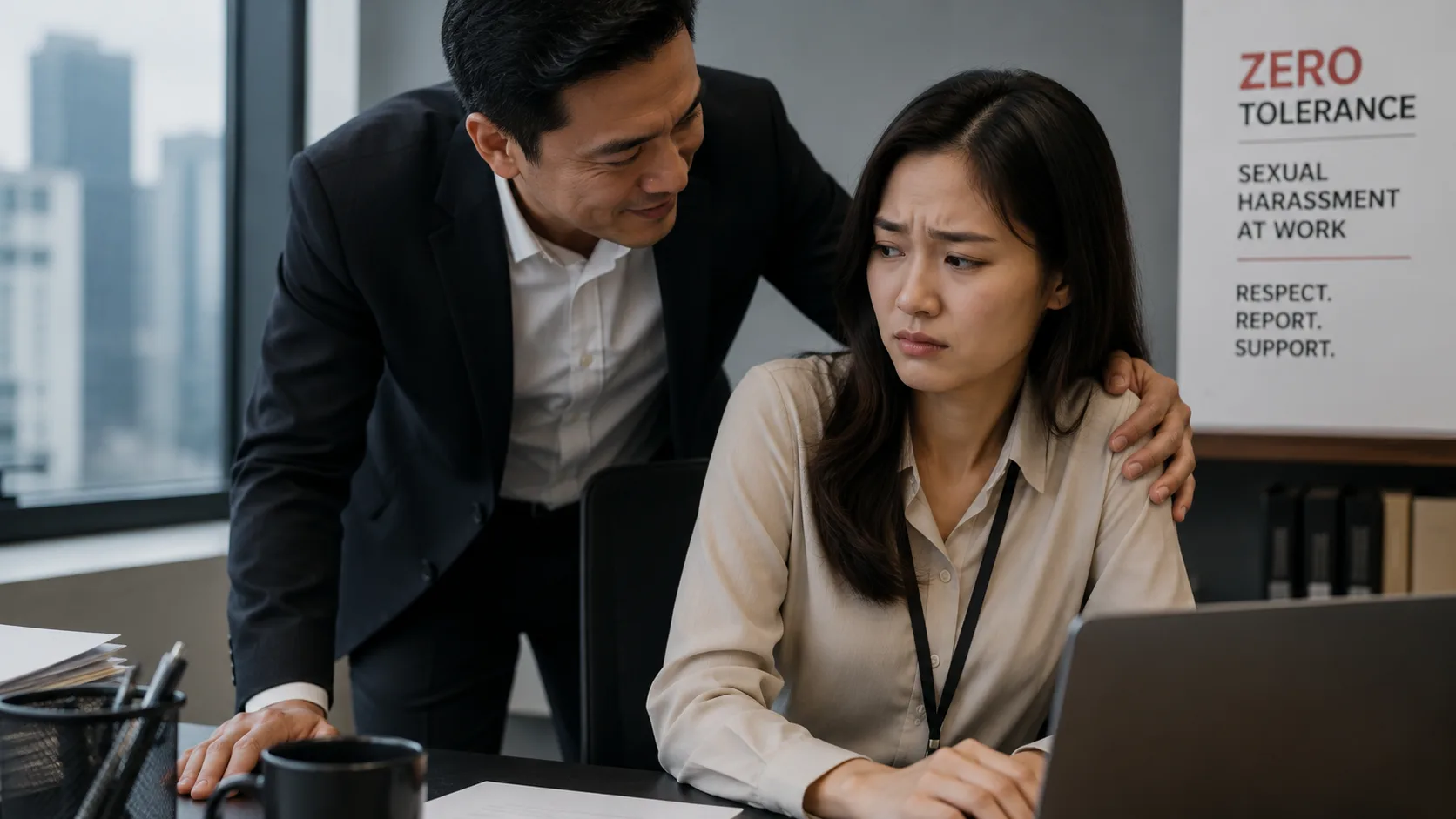 A man in a suit rests his hand on the shoulder of a visibly uncomfortable seated employee at her desk, beside a workplace poster reading Zero Tolerance: Sexual Harassment at Work
