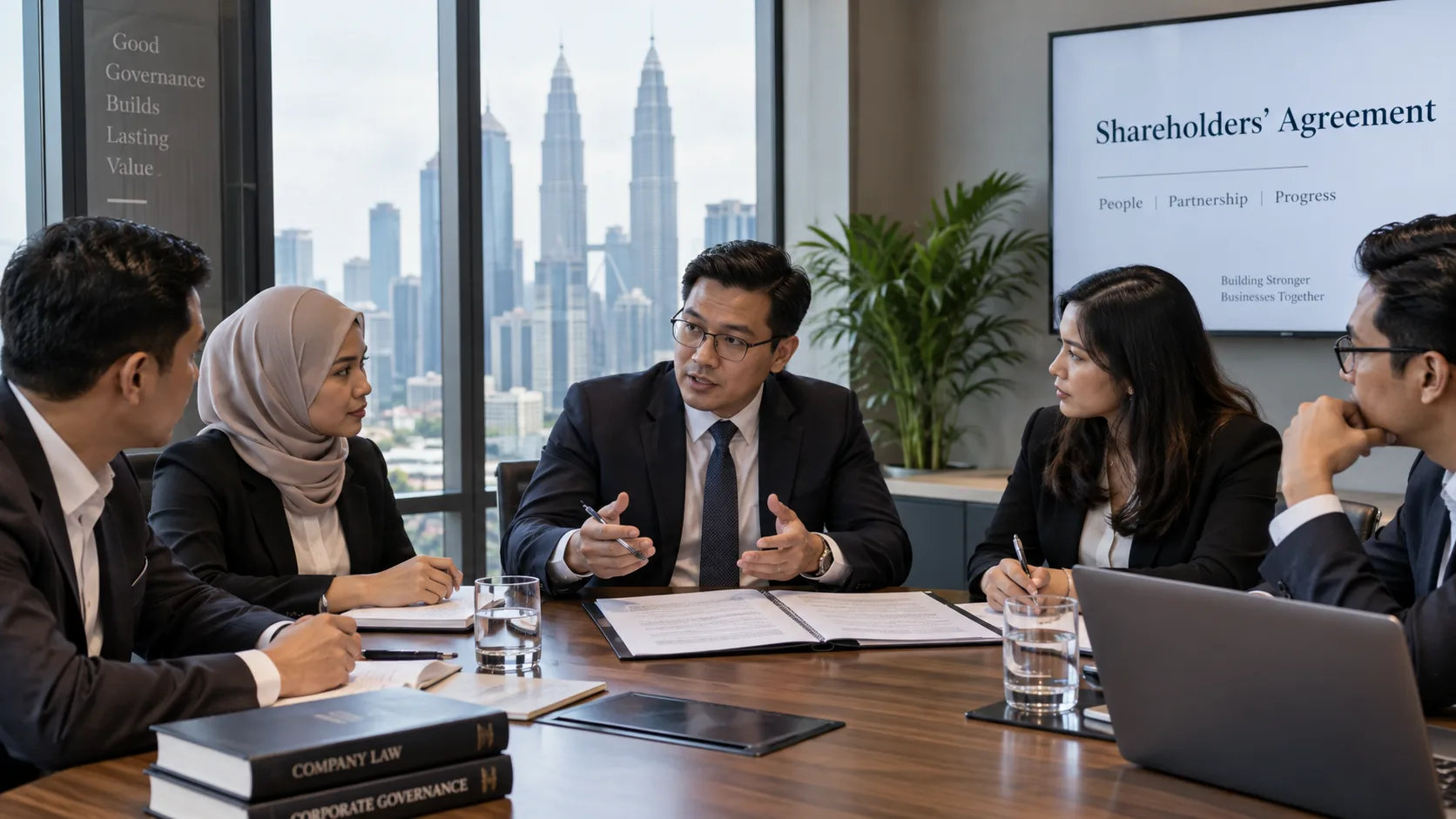 Five business partners in a boardroom discussing an open agreement on the table, with a presentation screen reading Shareholders' Agreement, People, Partnership, Progress, and Company Law and Corporate Governance books stacked in the foreground, the Kuala Lumpur skyline behind