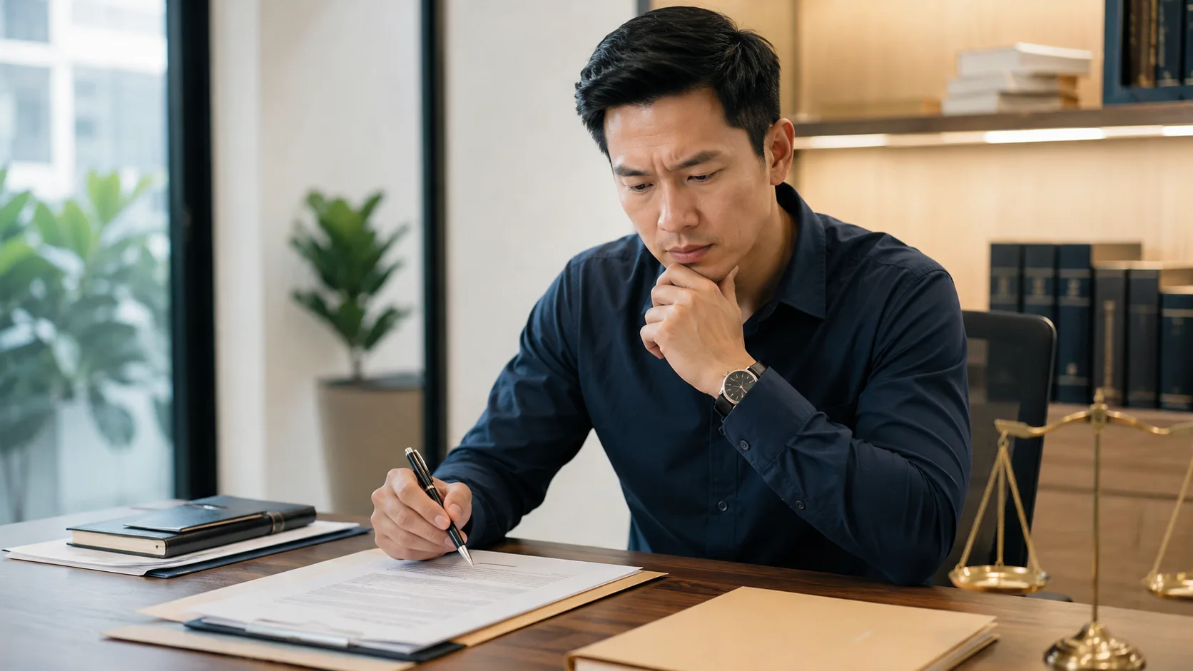A man at a desk holding a pen over a document, pausing thoughtfully before signing, with law books and scales of justice nearby