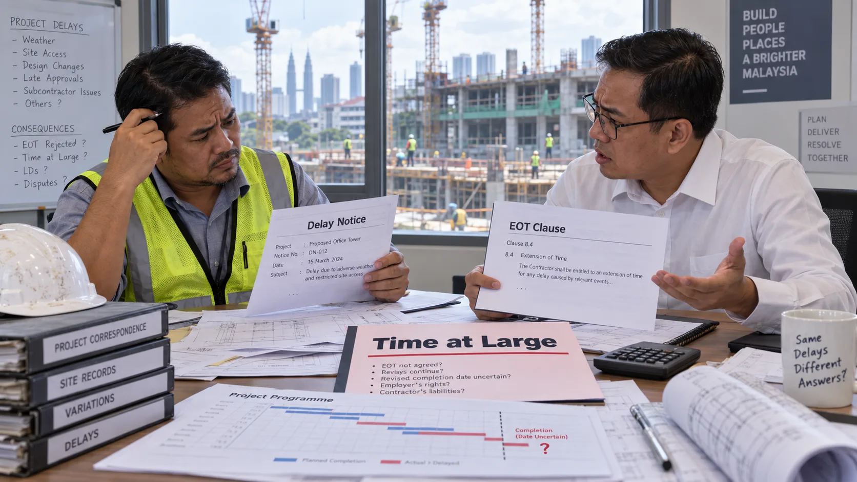 Two construction professionals discussing a Delay Notice and an EOT Clause document, with a page headed Time at Large listing questions on EOT, revised completion dates and liabilities, beside a Project Programme Gantt chart marked Completion (Date Uncertain), binders labelled Project Correspondence, Site Records, Variations and Delays, and a Kuala Lumpur construction site through the window