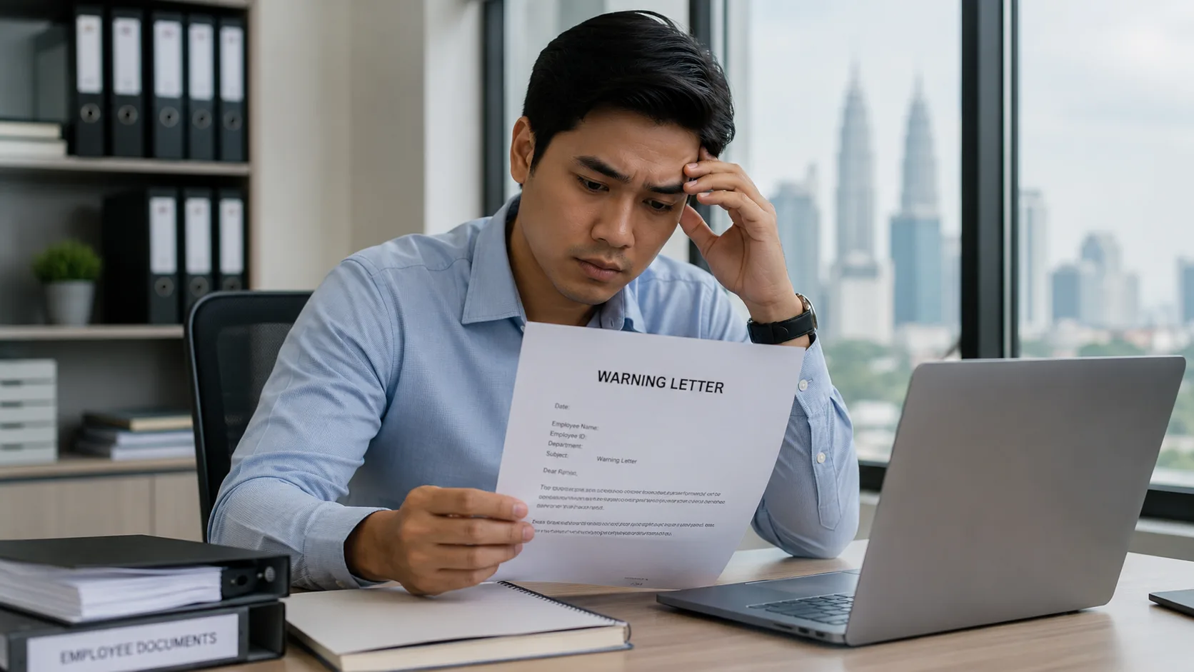 A worried office employee at his desk reads a document headed Warning Letter, one hand to his head, a laptop and files in front of him