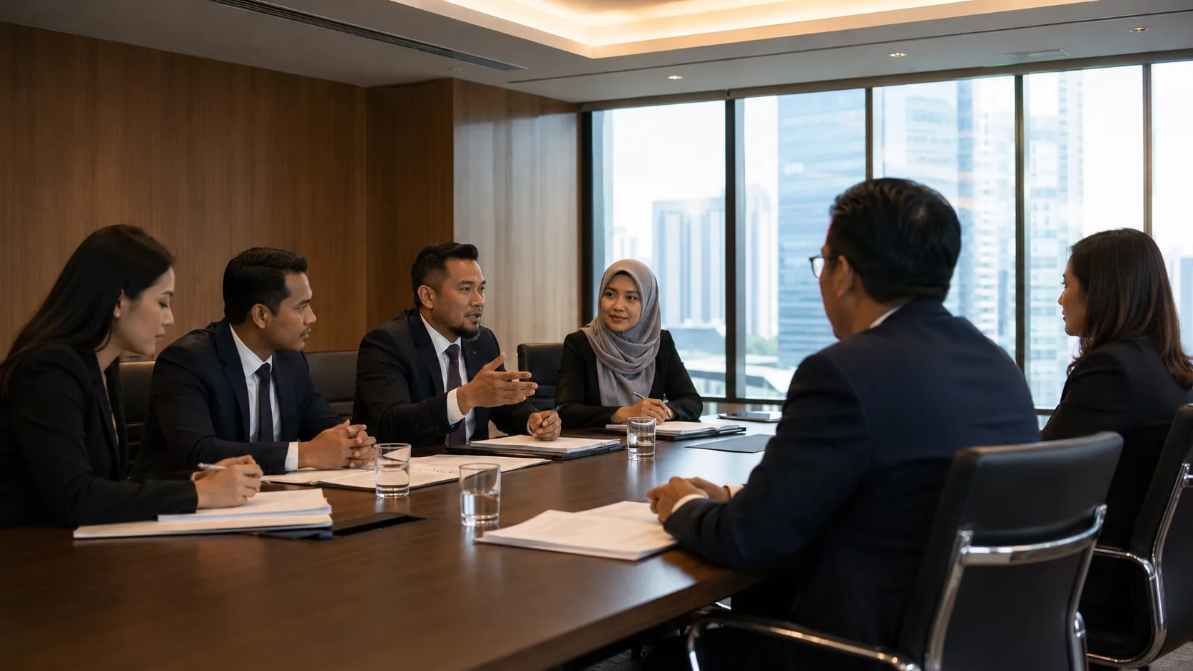 Professionals seated around a conference table in a meeting, with documents in front of them and a city skyline through the window