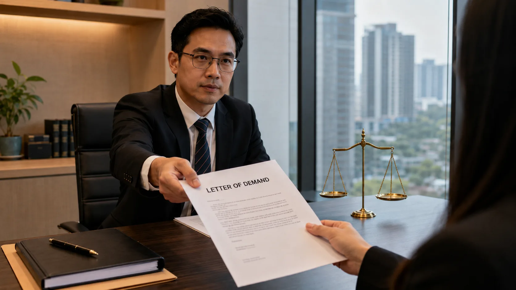 A lawyer handing a document headed Letter of Demand across a desk to another person, with a brass scales of justice and a city view behind