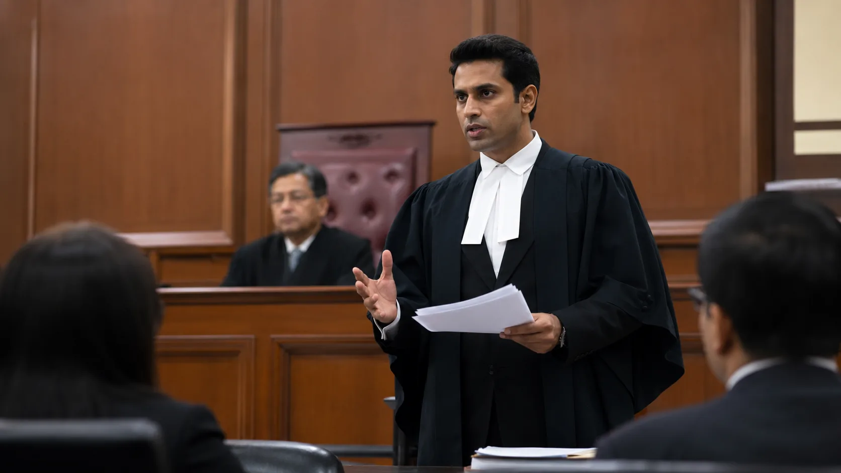 An advocate in black court robes and white bands stands to make submissions, holding documents, while a judge listens from the bench behind
