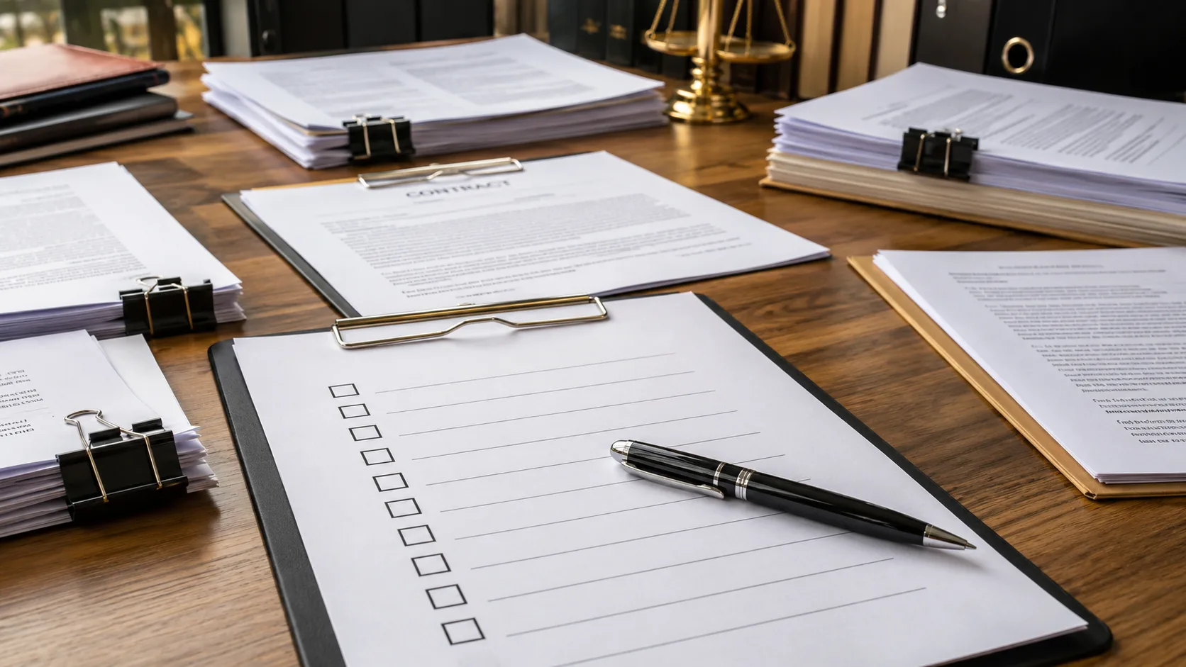 A contract and a checklist on a clipboard with a pen on a desk, surrounded by stacks of clipped legal documents and a brass scales of justice