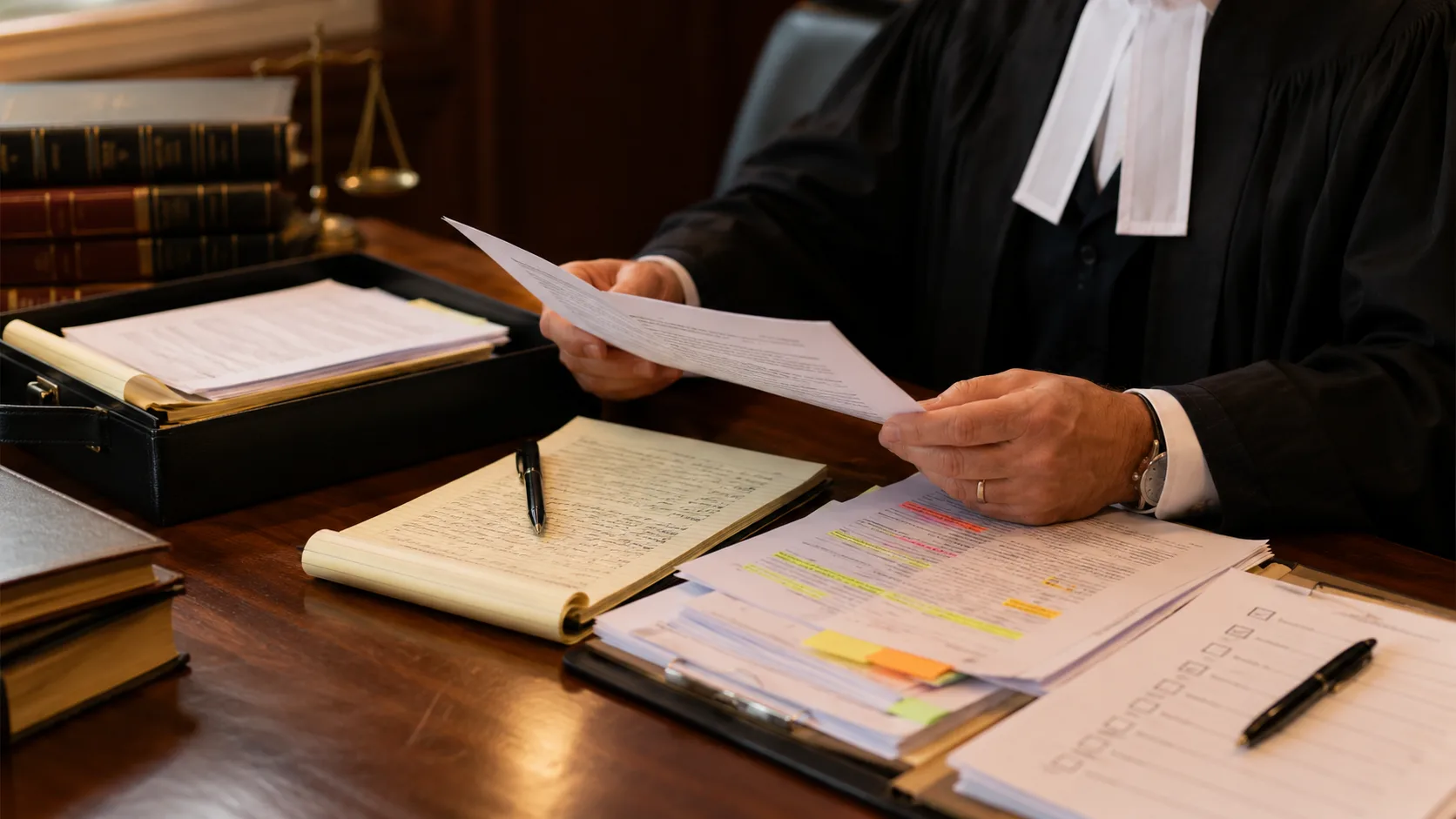 A robed lawyer at a desk reviewing a document, with annotated and tabbed papers, a handwritten notebook, law books, and scales of justice