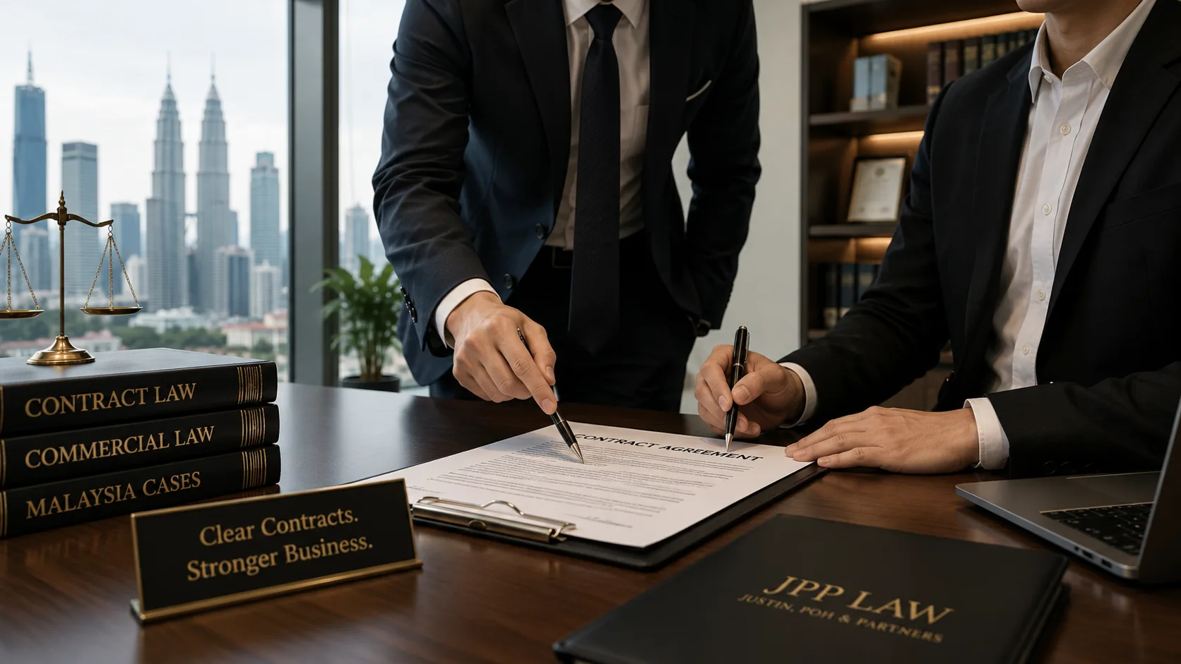 Two people reviewing and pointing at a contract on a desk, with commercial law volumes, a JPP LAW folder, and the Kuala Lumpur skyline through the window
